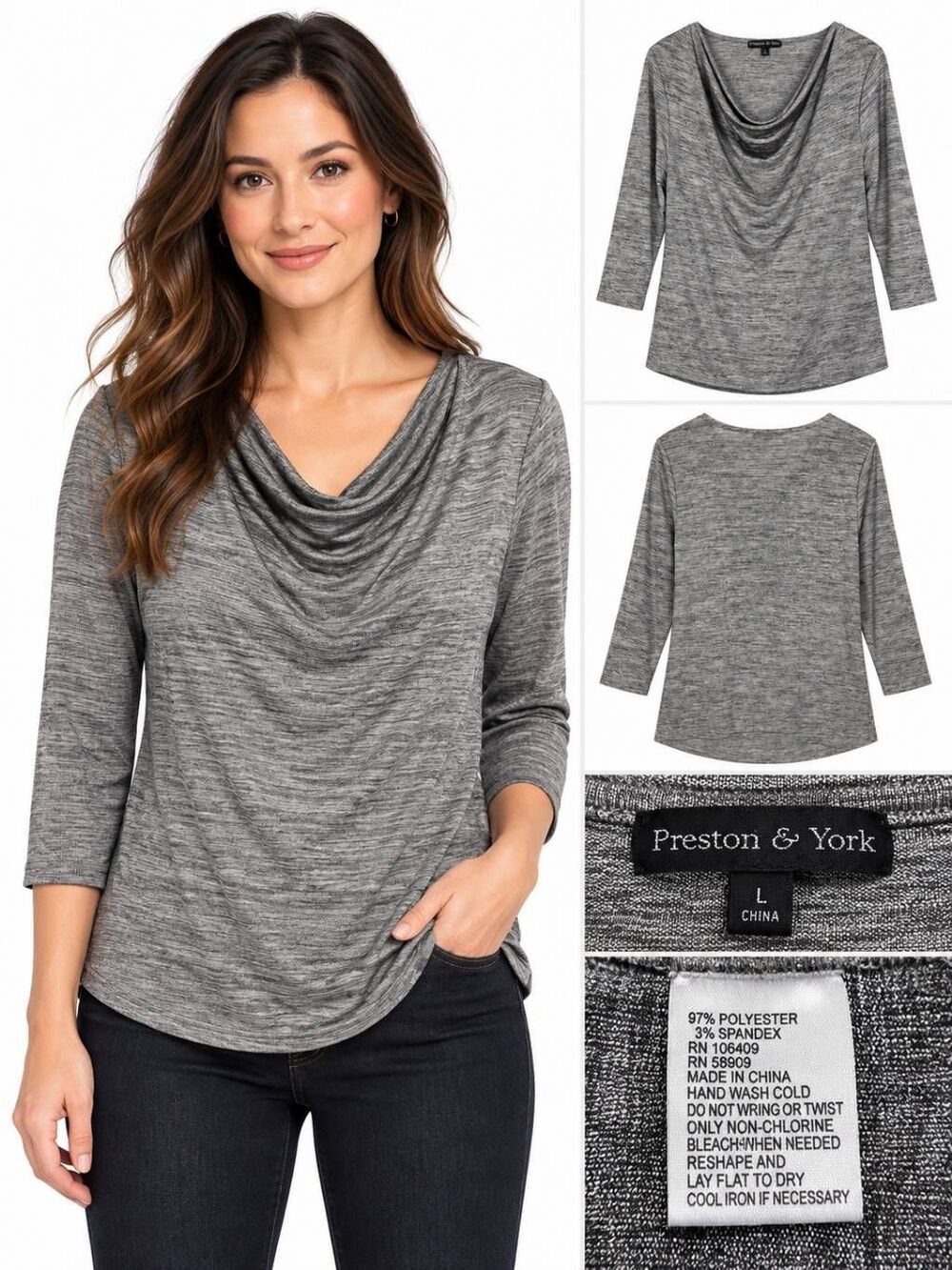 Preston & York L Gray Cowl Neck 3/4 Sleeve Stretch Top